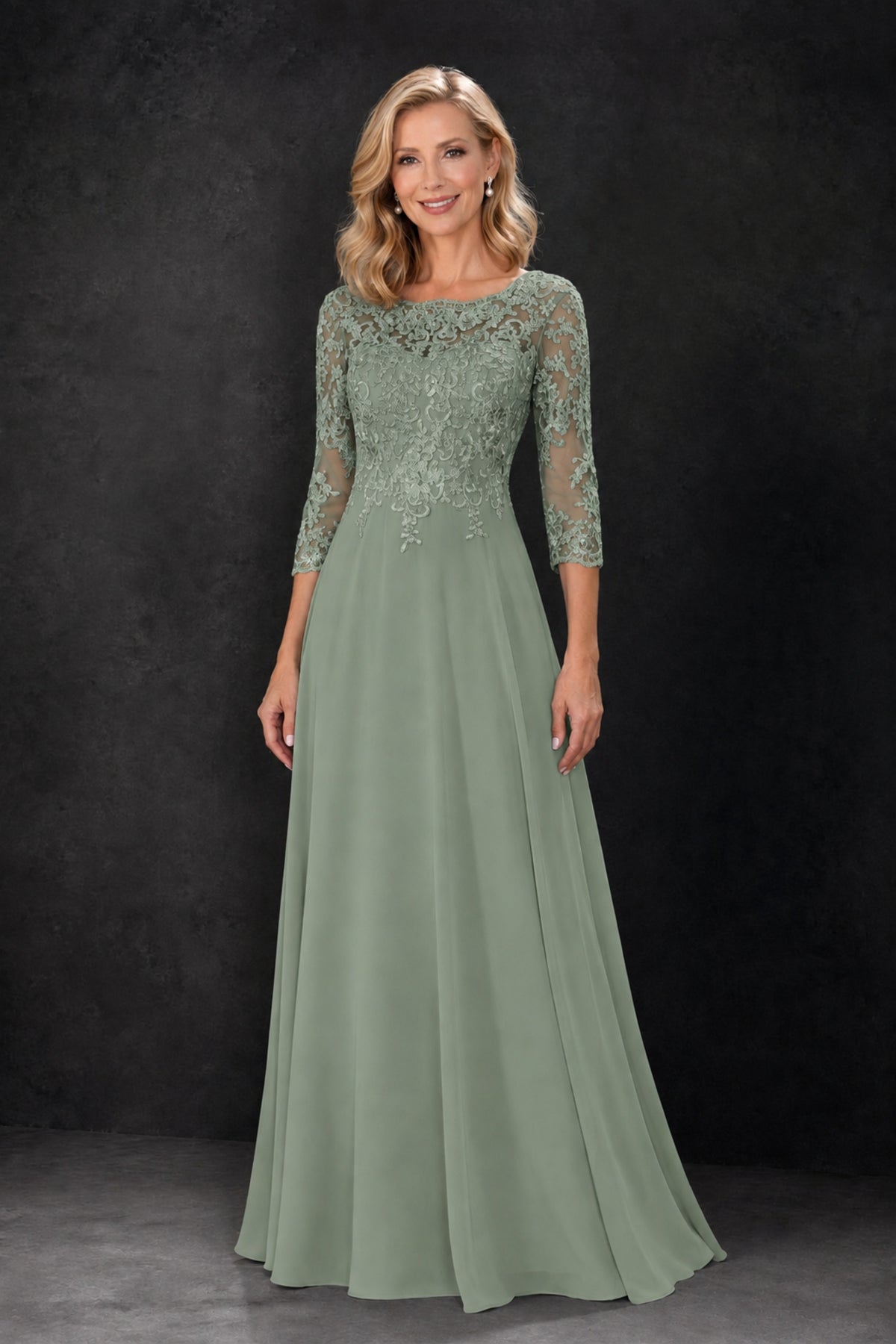 BOLODOO Sage Green Lace Embroidered Mother of the Bride Dress with 3/4 Sleeves - Sage Green