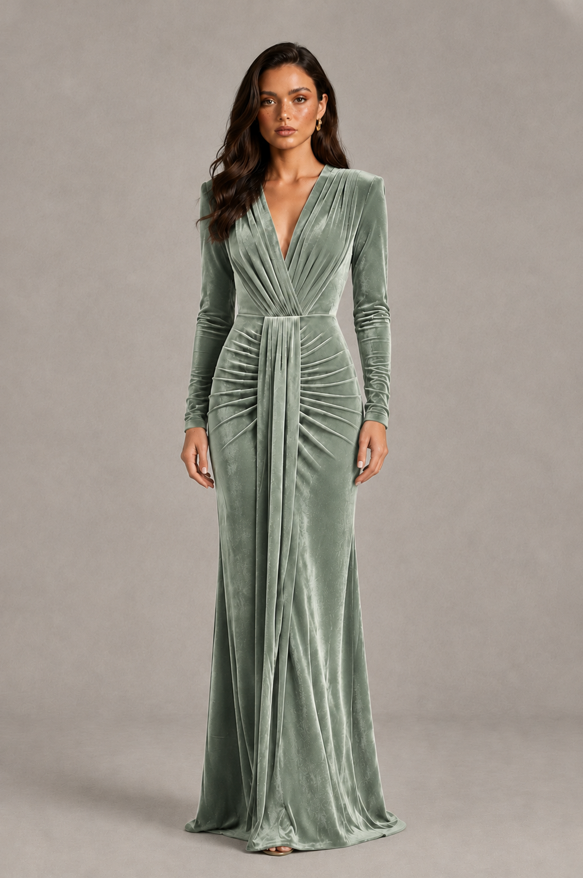 BOLODOO Sage Green Velvet Long Sleeve V-Neck Ruched Evening Gown - Sage Green