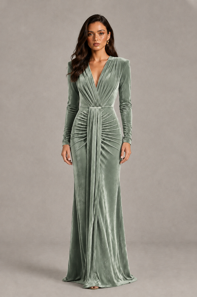 BOLODOO Sage Green Velvet Long Sleeve V-Neck Ruched Evening Gown - Sage Green