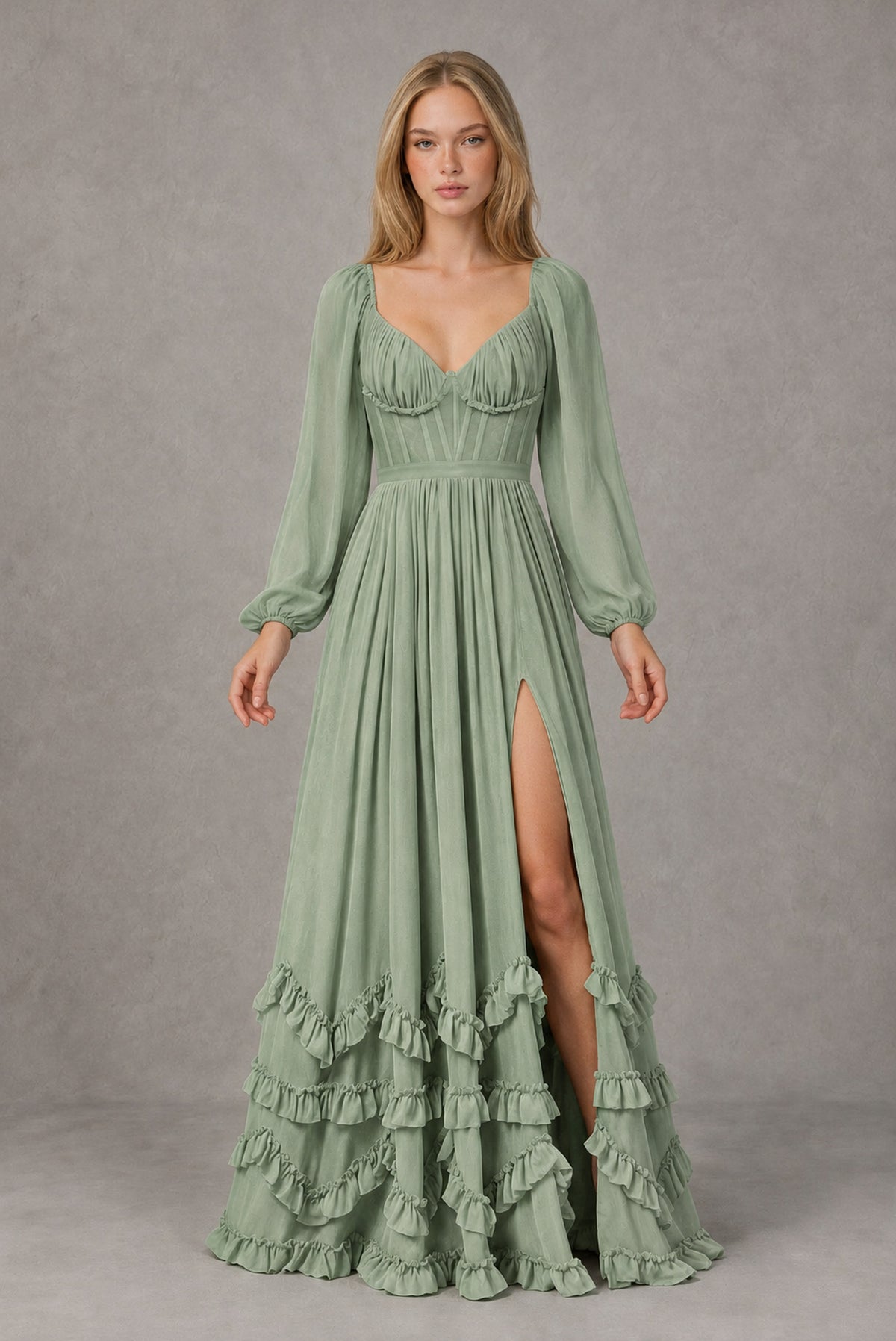 Sage Green Long-Sleeve Ruffle Maxi Dress with Lace-Up Back and Slit - Sage Green