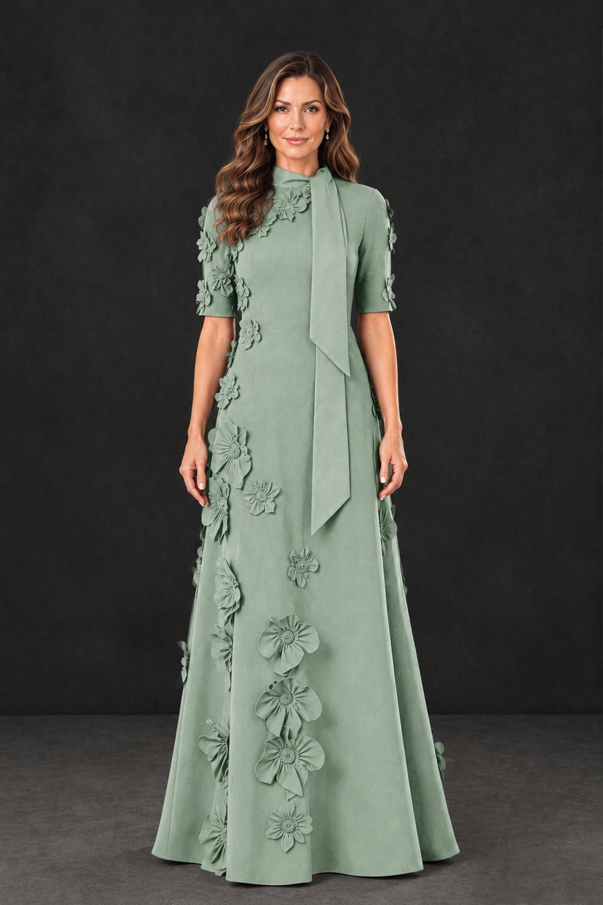BOLODOO Sage Green Floral Applique High-Neck Half-Sleeve Gown - Sage Green - Sage Green_1