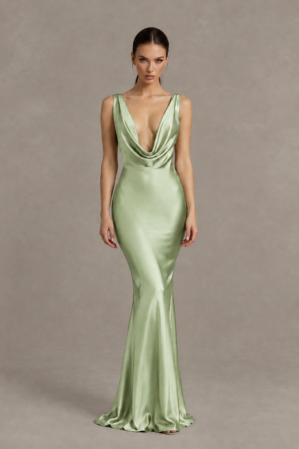 BOLODOO Sage Green Cowl Neck Backless Satin Mermaid Evening Dress - Sage Green - Sage Green_1