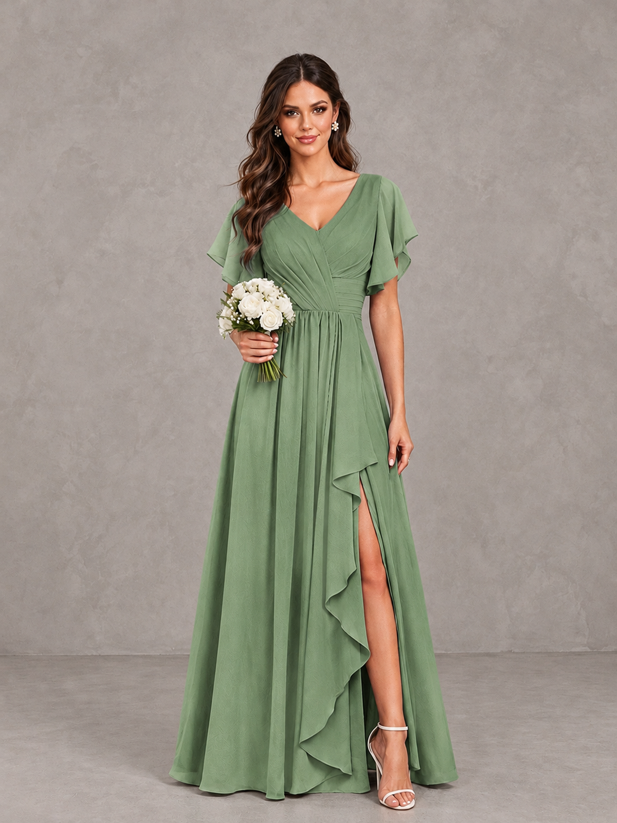 BOLODOO Sage Green Flutter Sleeve V-Neck Bridesmaid Dress with Ruffle Slit - Sage Green - Sage Green_1