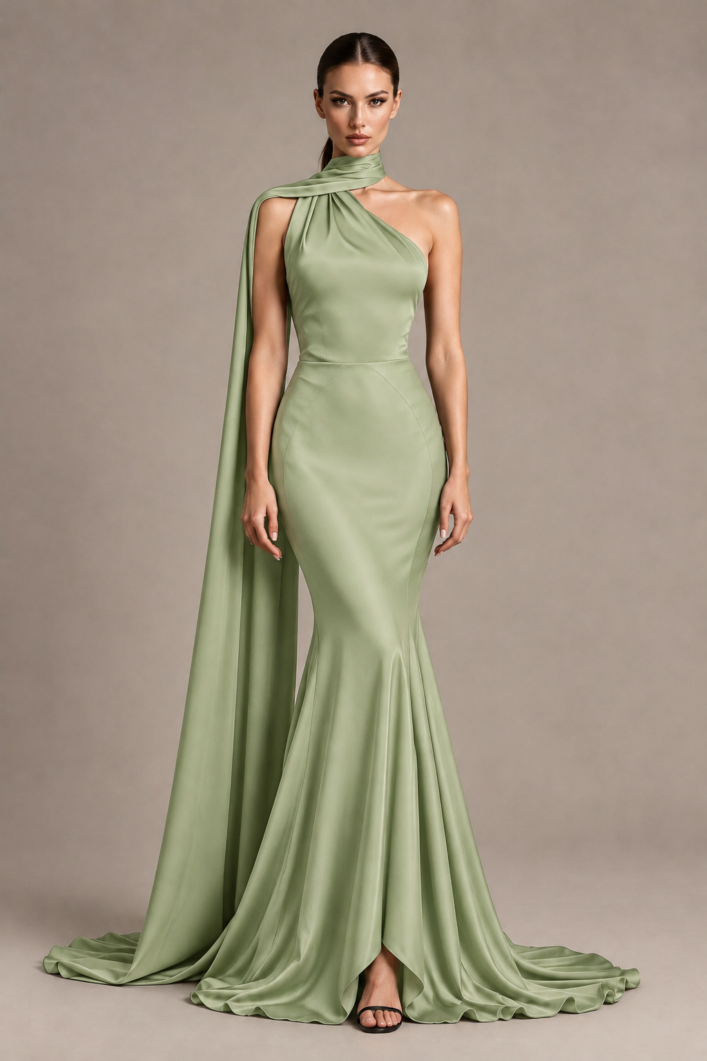 BOLODOO Sage Green One-Shoulder Satin Mermaid Evening Dress with Scarf - Sage Green - Sage Green_1