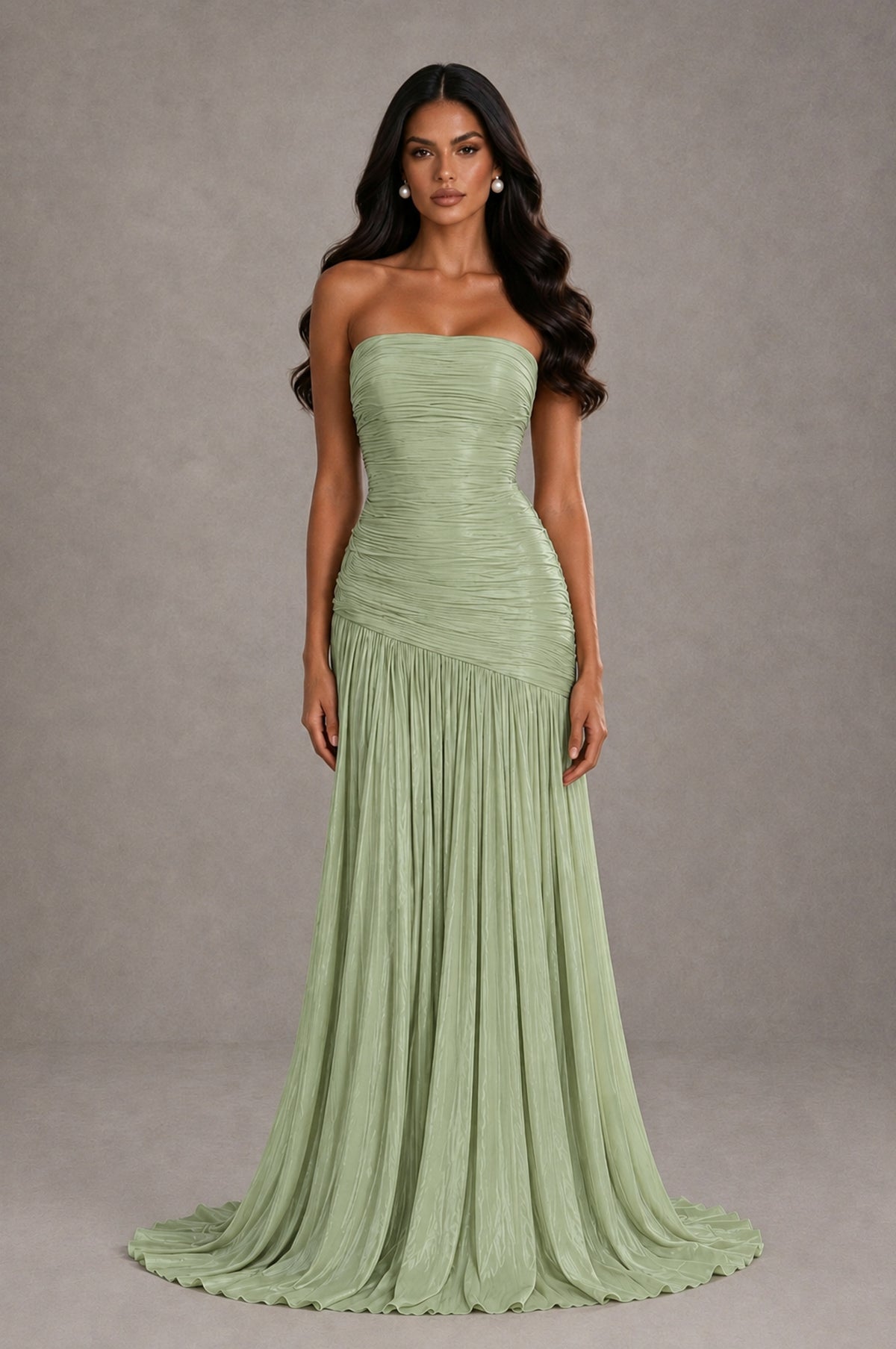 BOLODOO Sage Green Metallic Ruched Strapless Pleated A-Line Backless Maxi Dress with Train - Sage Green - Sage Green_1