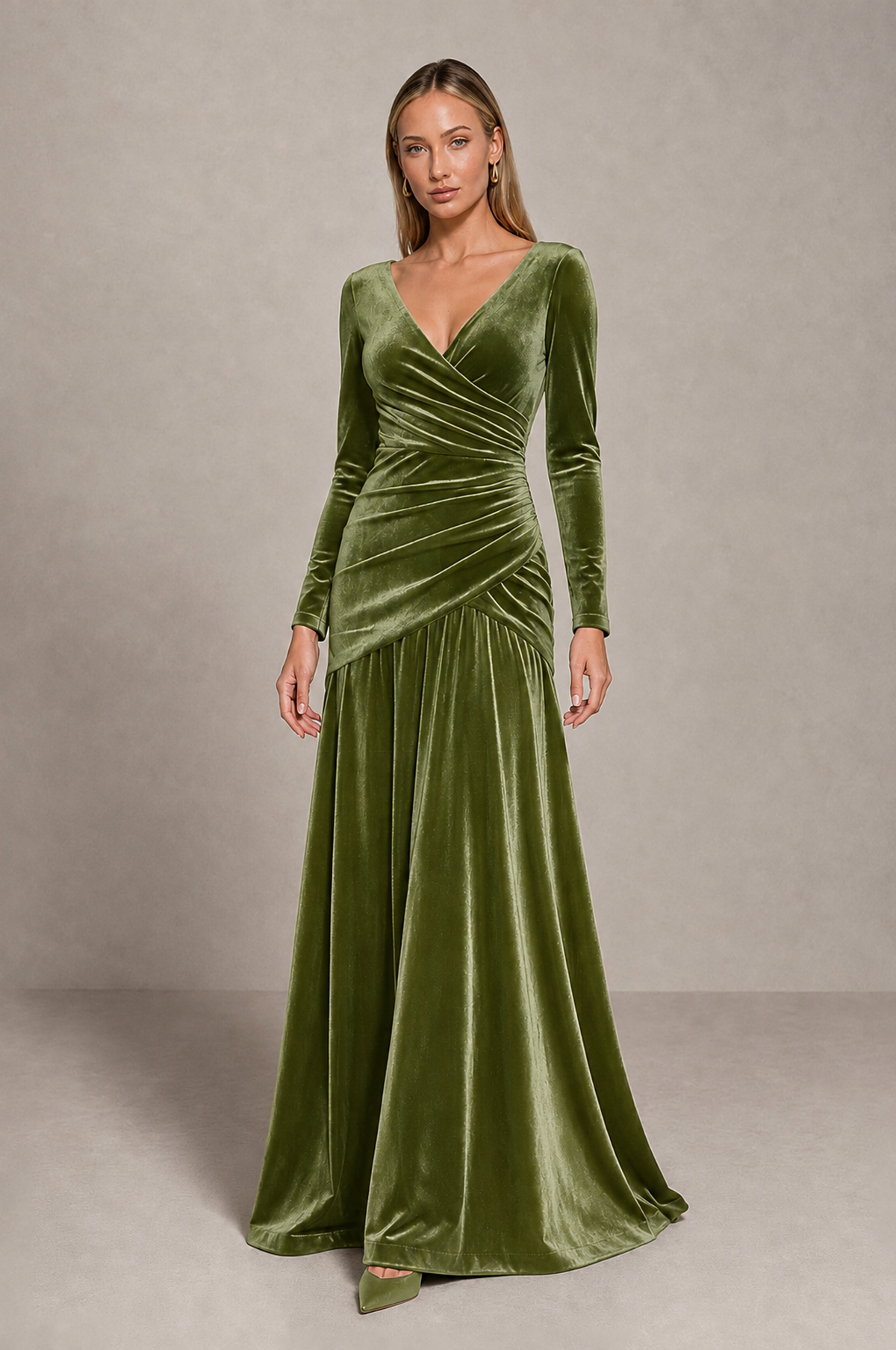 BOLODOO Sage Green Velvet Long Sleeve V-Neck Ruched Evening Dress - Sage Green - Sage_Green_1