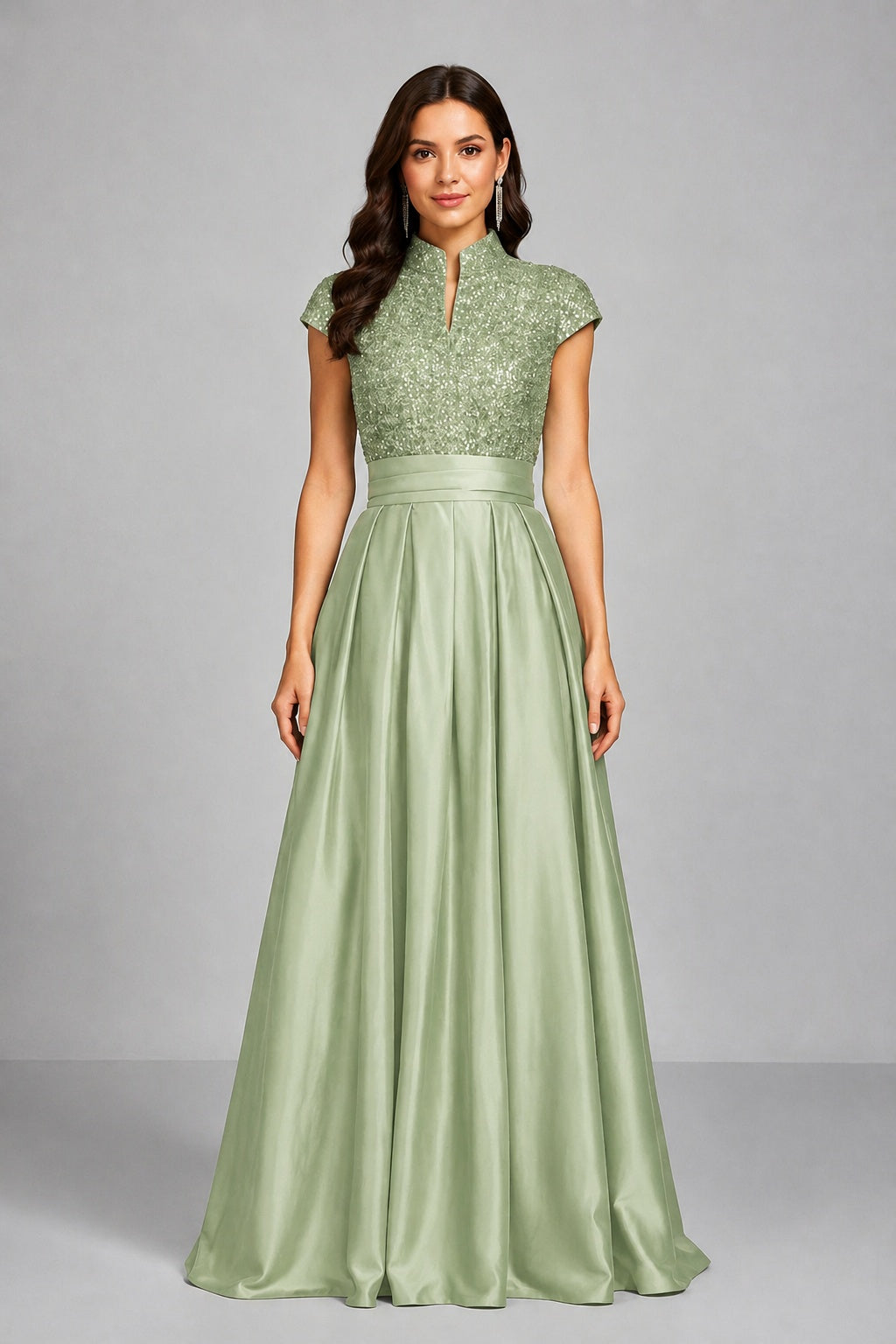 BOLODOO Sage Green Sequin Embroidered High Neck Cap Sleeve A-Line Ball Gown – Formal Evening Dress - Sage Green