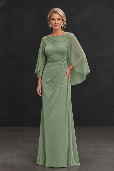 BOLODOO Sage Green Cape Sleeve Mother of the Bride Dress with Ruched Waist - Sage Green - Sage Green_1