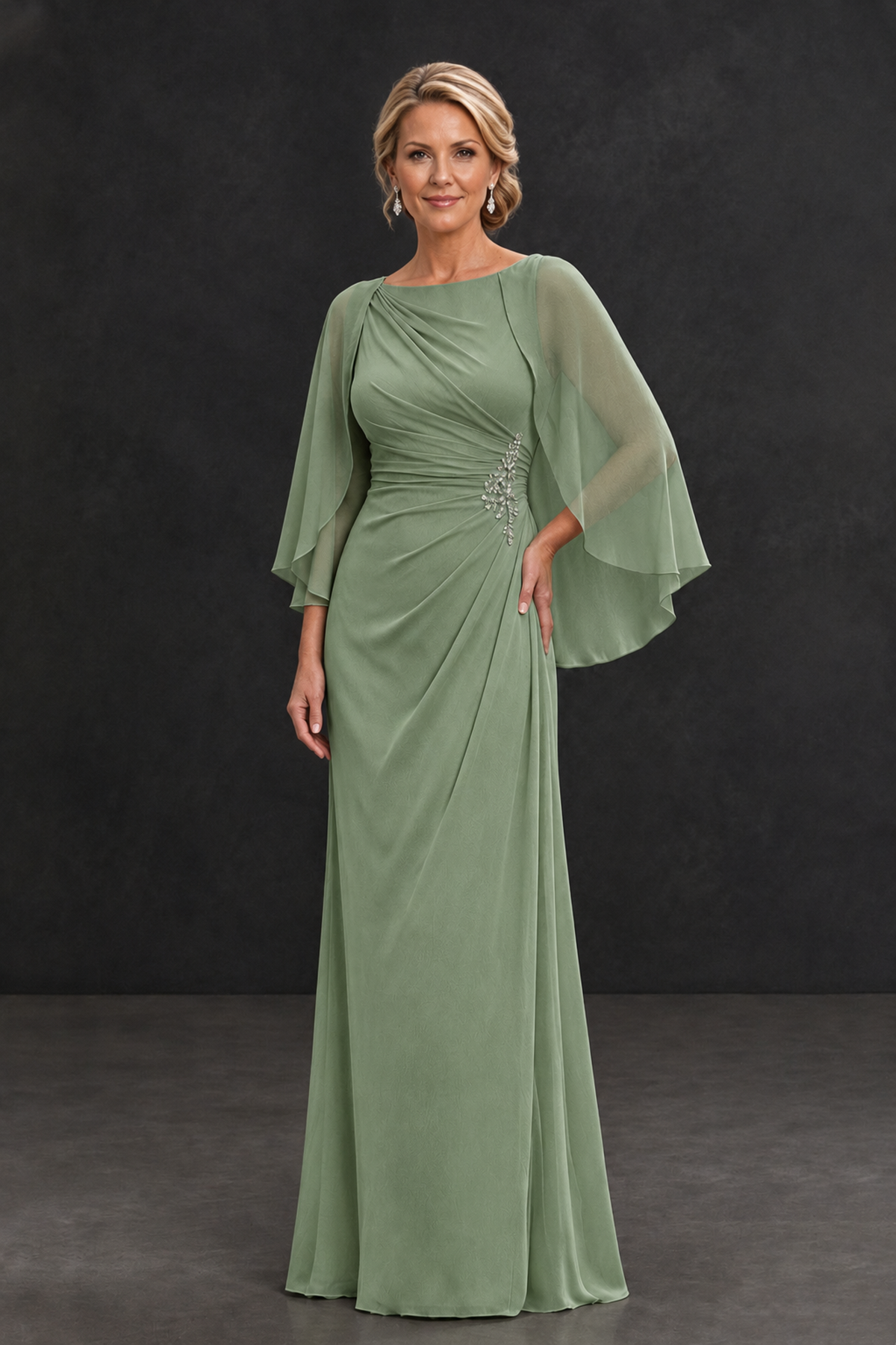 BOLODOO Sage Green Cape Sleeve Mother of the Bride Dress with Ruched Waist - Sage Green - Sage Green_1