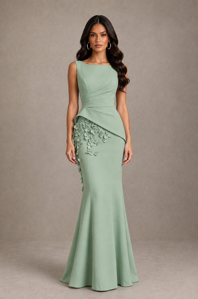 BOLODOO Sage Green Bateau Neck Sleeveless Asymmetric Peplum 3D Petal Appliqué Mermaid Gown BD0421 - Sage Green - Sage Green_1