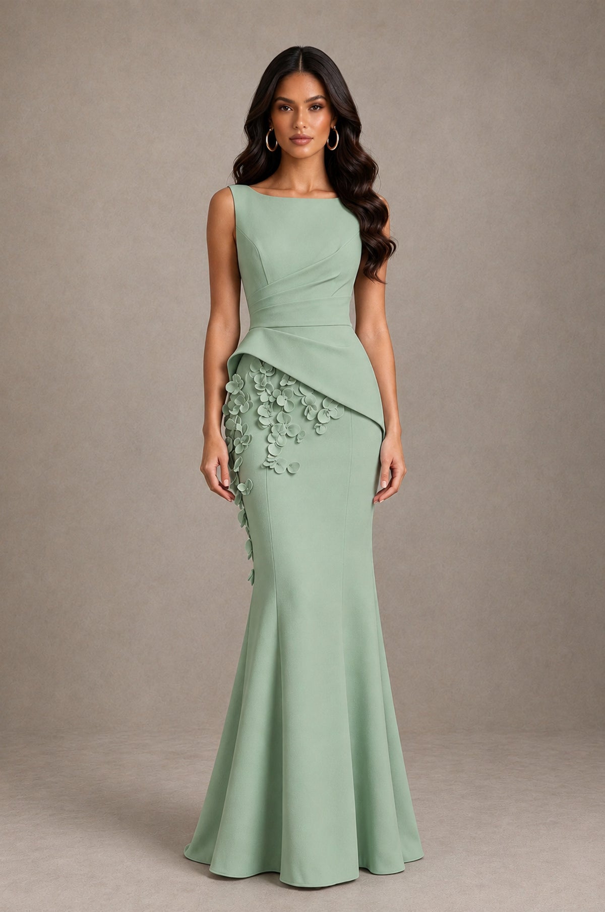 BOLODOO Sage Green Bateau Neck Sleeveless Asymmetric Peplum 3D Petal Appliqué Mermaid Gown BD0421 - Sage Green - Sage Green_1