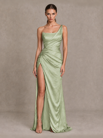 BOLODOO Sage Green One Shoulder Satin Evening Gown with High Slit and Sweep Train - Sage Green - Sage Green_1