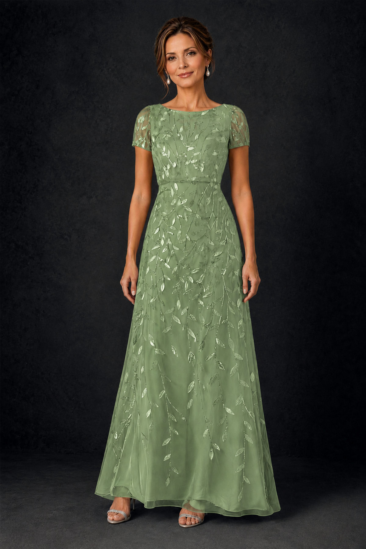 BOLODOO Sage Green Leaf Embroidered A-Line Formal Gown with Cap Sleeves - Sage Green - Sage_Green_1