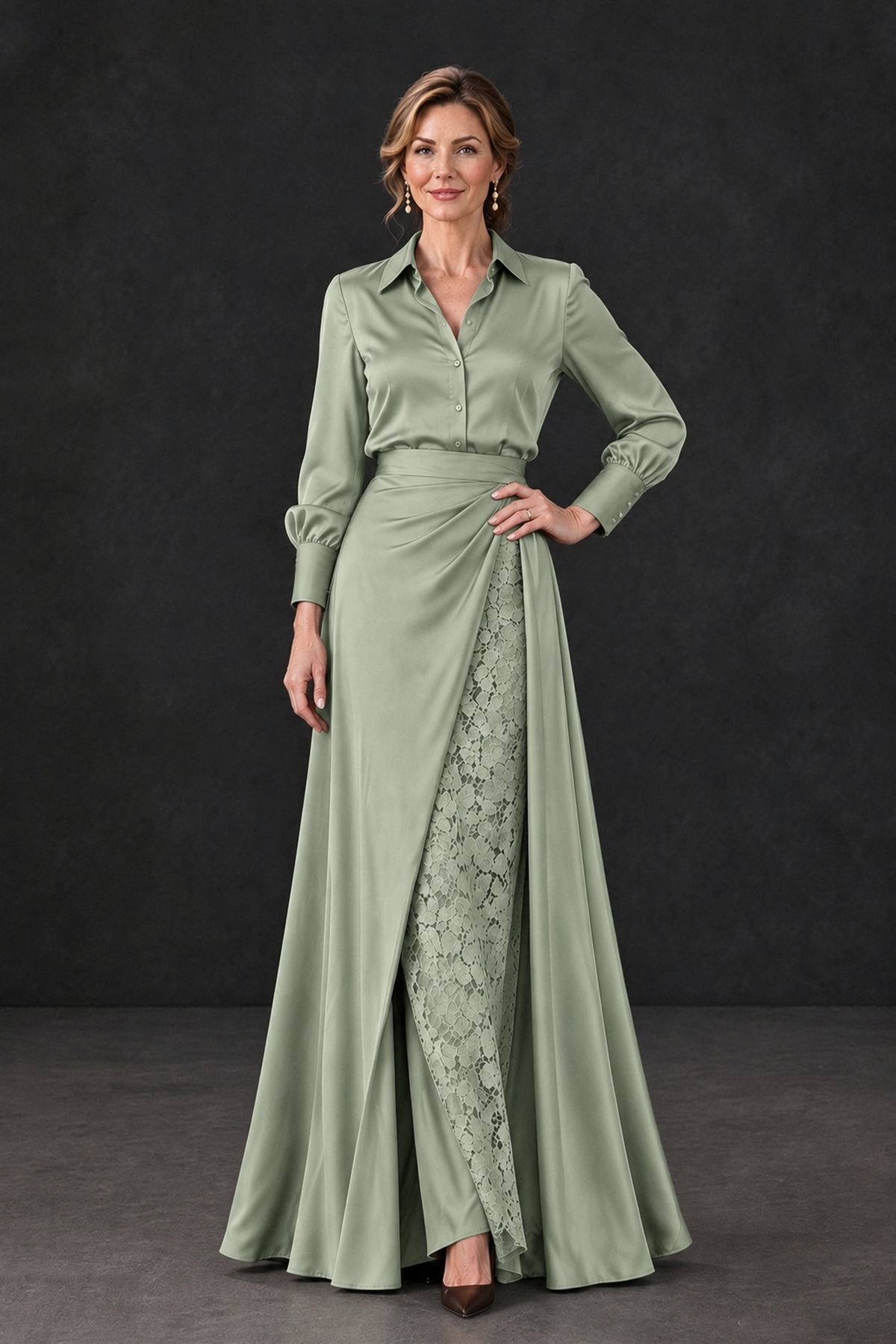 BOLODOO Sage Green Long Sleeve Satin-Look Lace Panel Gown - Sage Green - Sage Green_1