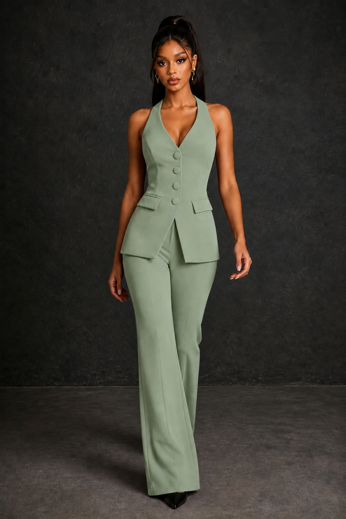 BOLODOO Sage Green Halter Neck Deep V Open Back– Formal Suit with Wide-Leg Pants - Sage Green