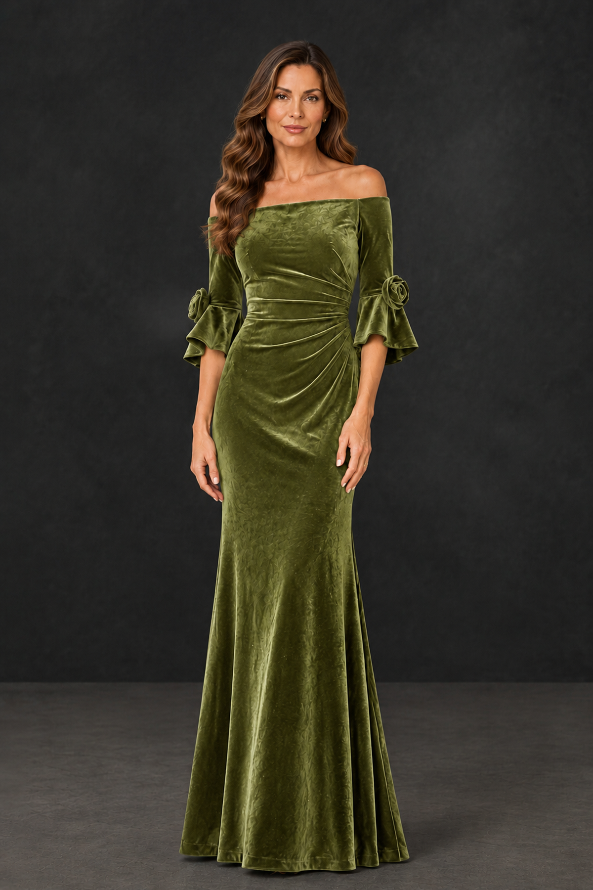 BOLODOO Sage Green Velvet Mother of the Bride Dress with Rosette Sleeves - Sage Green - Sage_Green_1