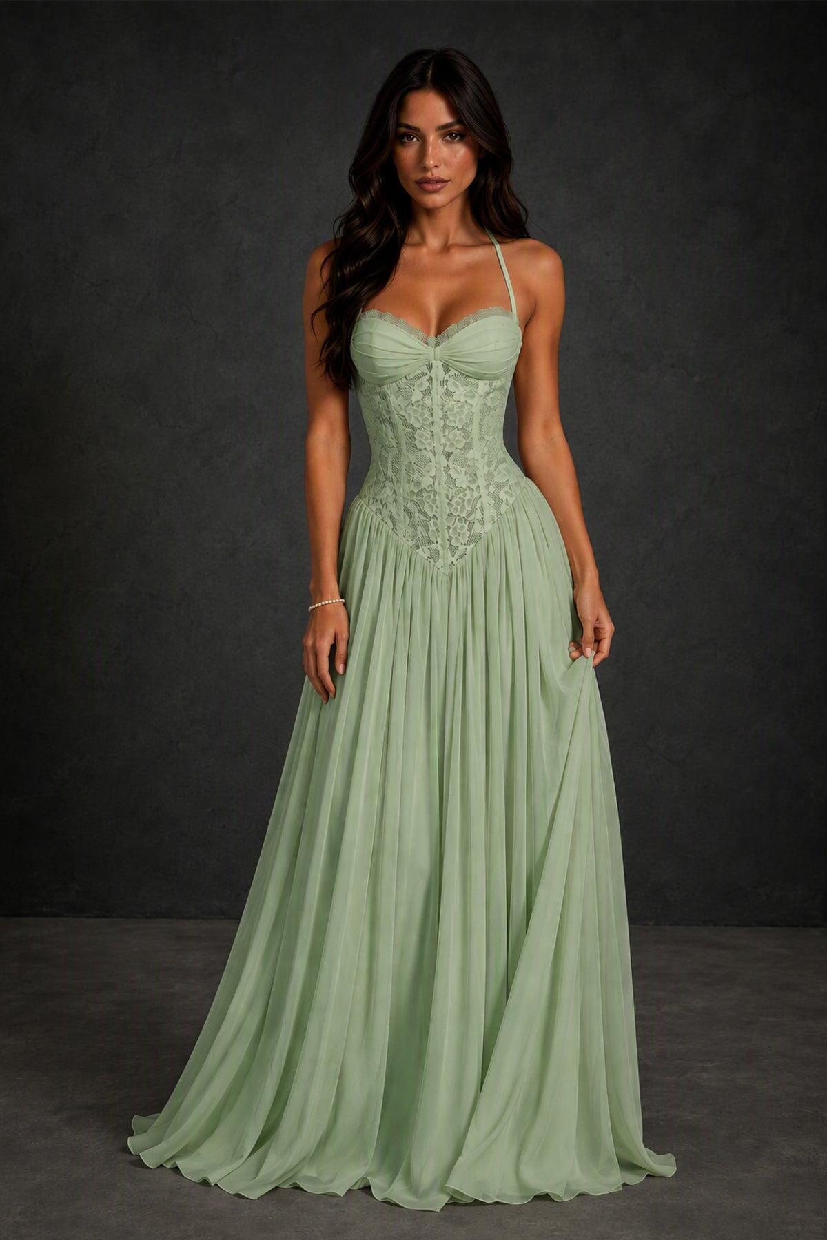 BOLODOO Sage Green Lace Corset Halter Maxi Gown – Backless A-Line Formal Dress - Sage Green