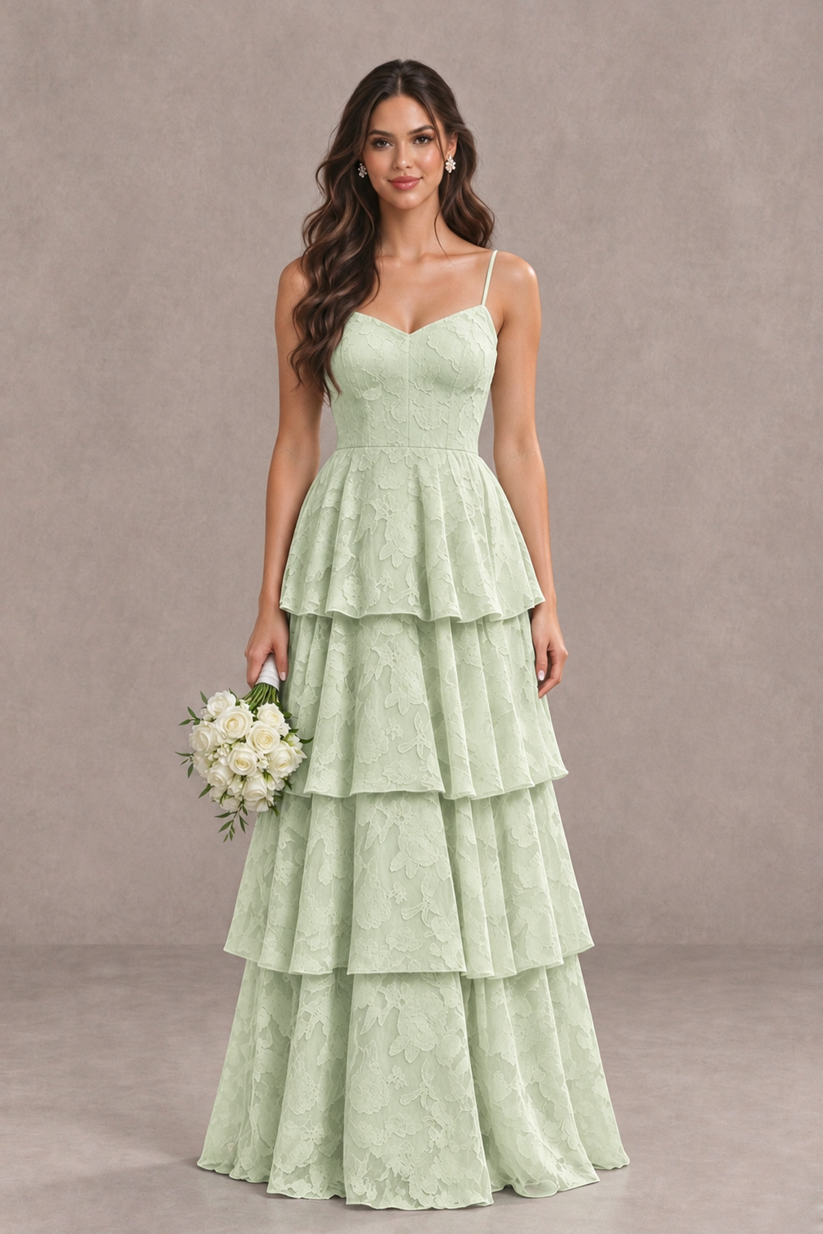 BOLODOO Sage Green Tiered Floral-Textured Spaghetti Strap Maxi Dress - Sage Green - Sage Green_1