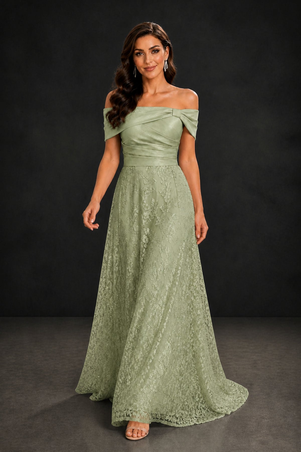 BOLODOO Sage Green Lace Glitter Off Shoulder Cap Sleeve A-Line Ball Gown with Train – Formal Evening Dress - Sage Green
