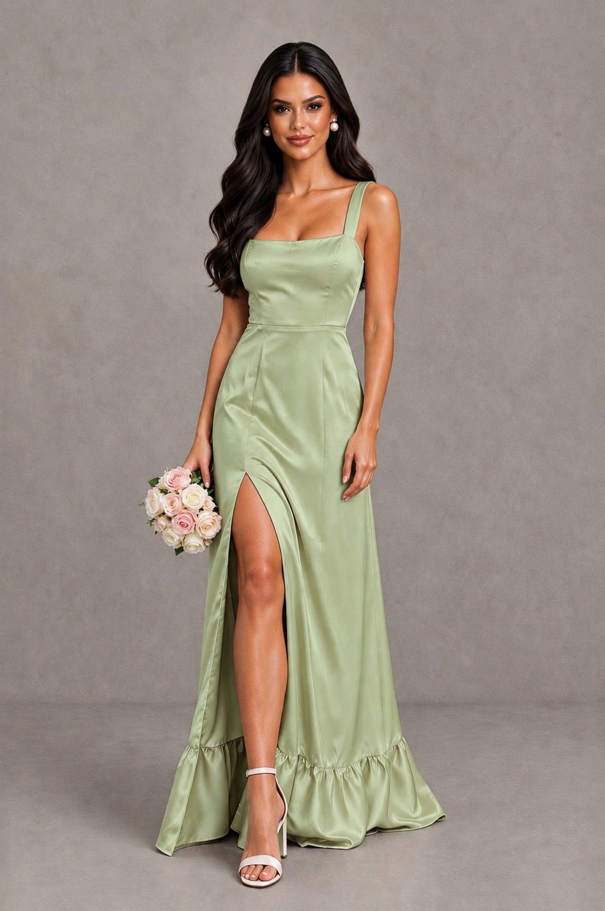 BOLODOO Sage Green Square Neck Satin Evening Dress with Lace-Up Back and High Slit - Sage Green - Sage Green_1