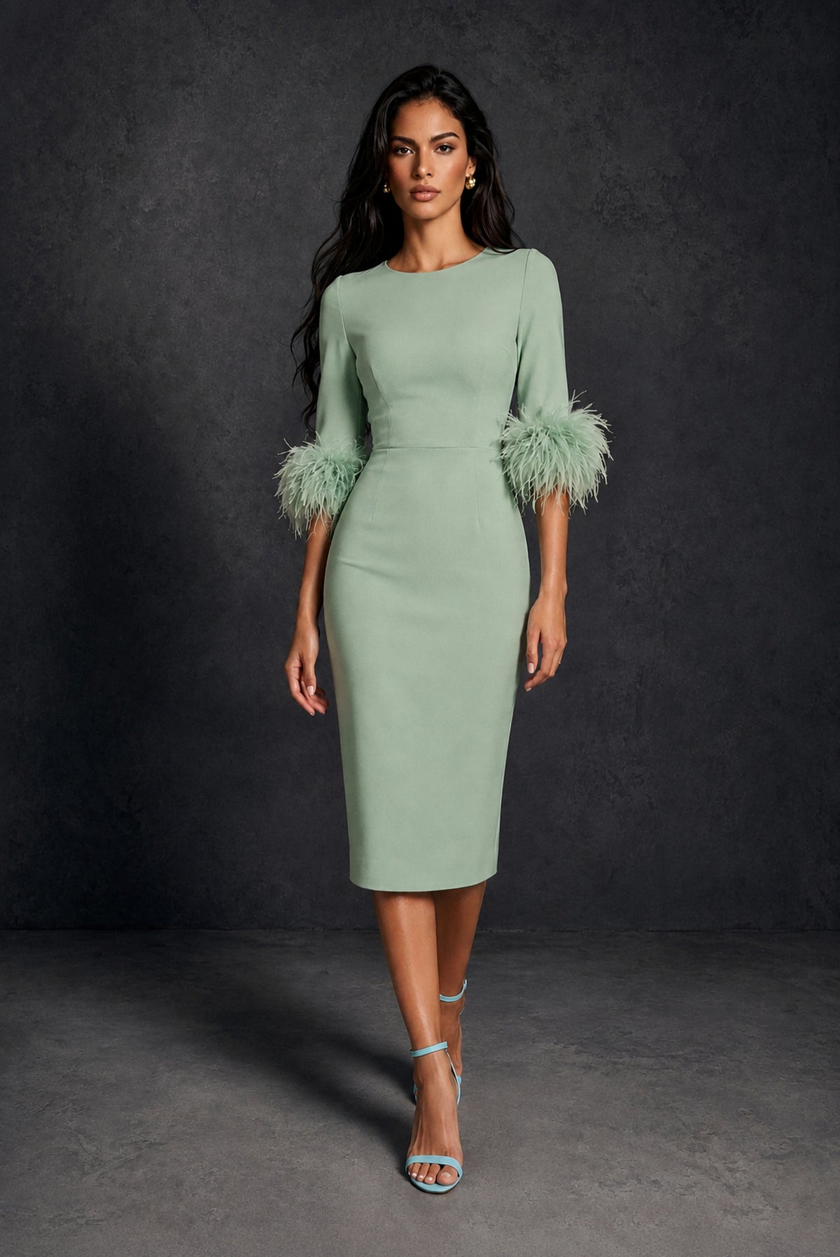 BOLODOO Sage Green Ostrich Feather Cuff 3/4 Sleeve Round Neck Bodycon Midi Dress with Back Slit - Sage Green