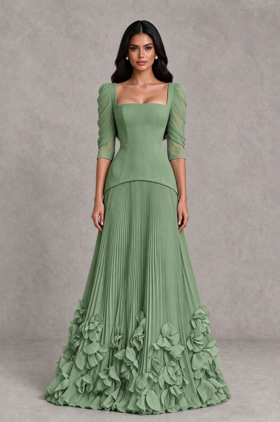 BOLODOO Sage Green Square Neck Pleated Floral Applique Evening Dress - Sage Green - Sage Green_1