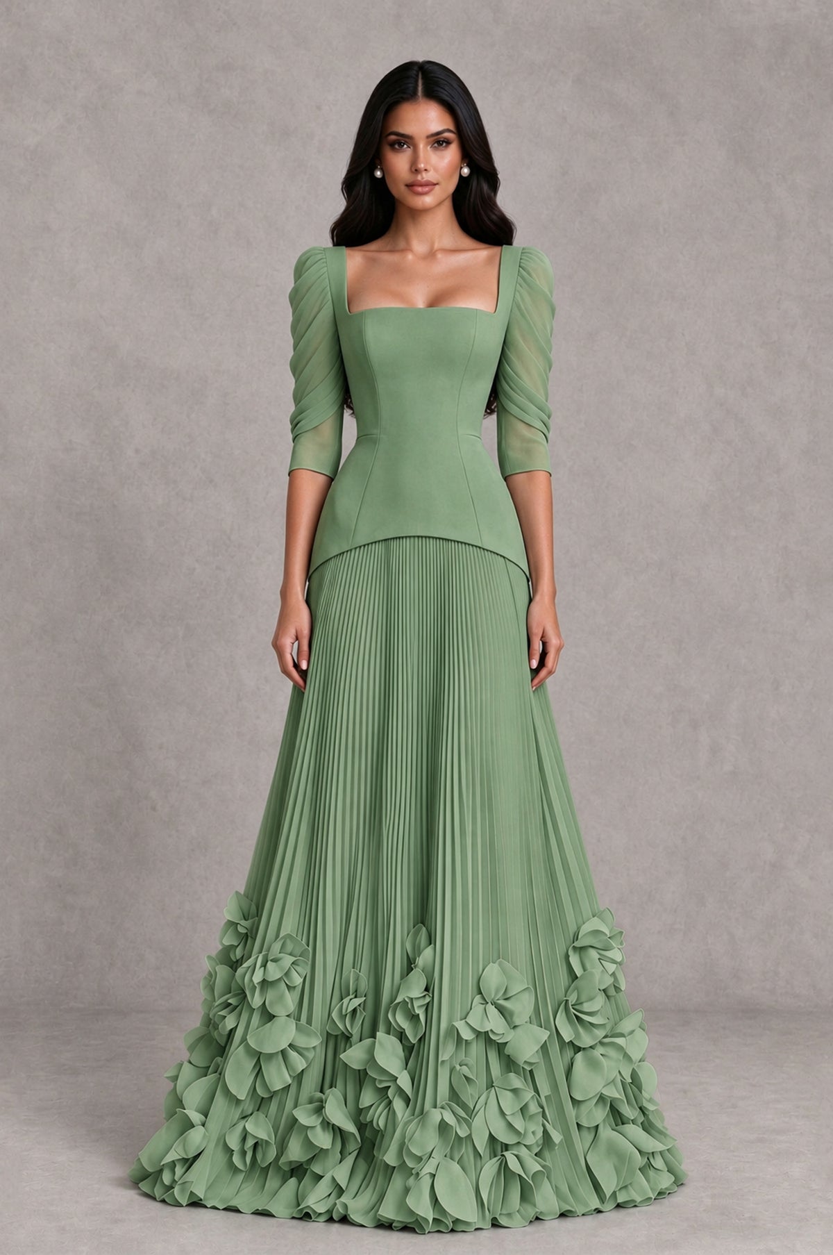 BOLODOO Sage Green Square Neck Pleated Floral Applique Evening Dress - Sage Green - Sage Green_1