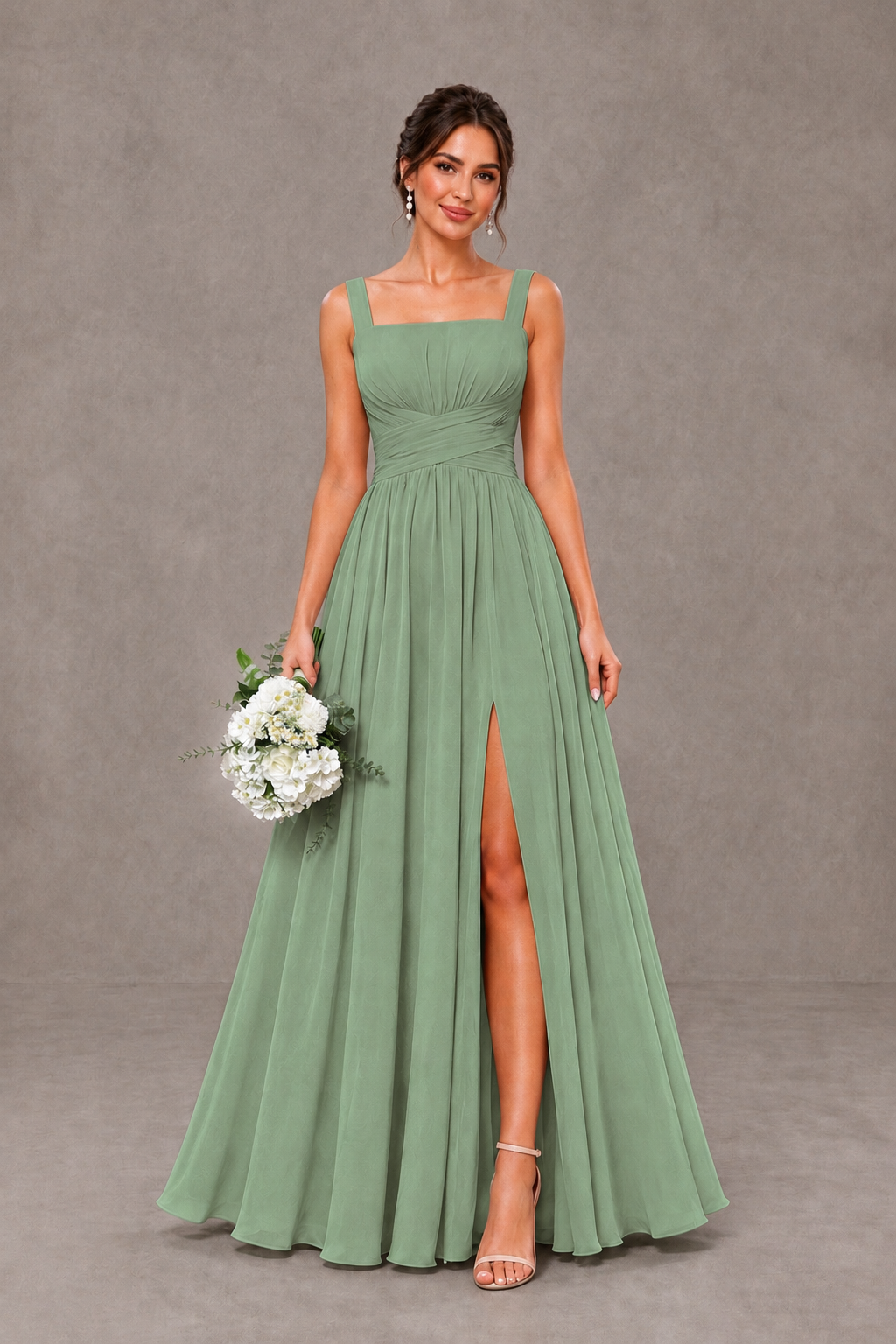 BOLODOO Sage Green Square Neck A-Line Bridesmaid Dress with Slit - Sage Green - Sage Green_1