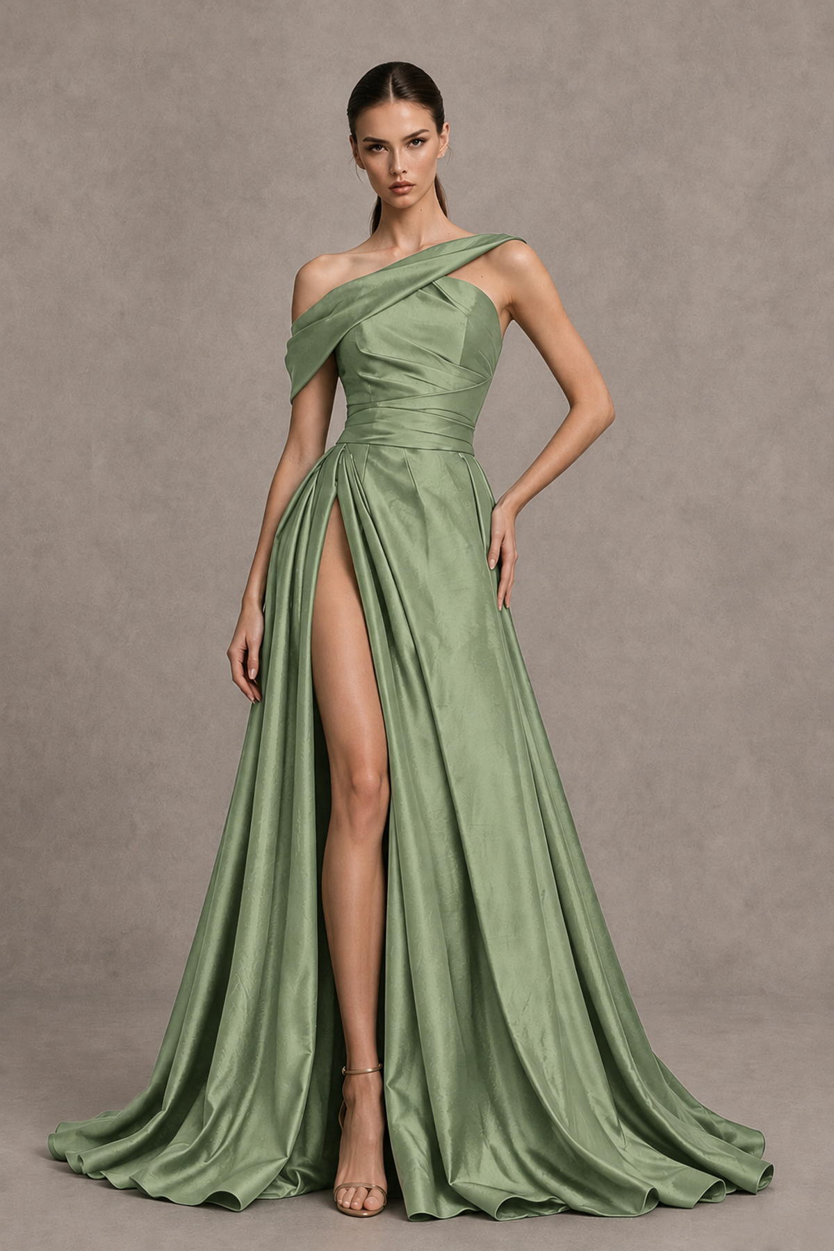BOLODOO Sage Green Asymmetric Satin-Look A-Line Prom Dress with High Slit - Sage Green - Sage Green_1