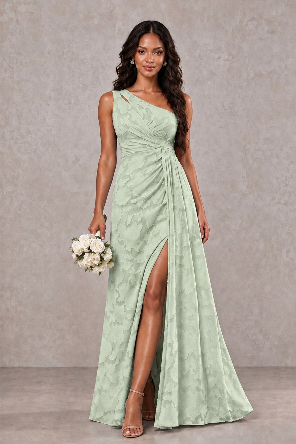 BOLODOO Sage Green One-Shoulder Floral Textured Maxi Dress with High Slit - Sage Green - Sage Green_1
