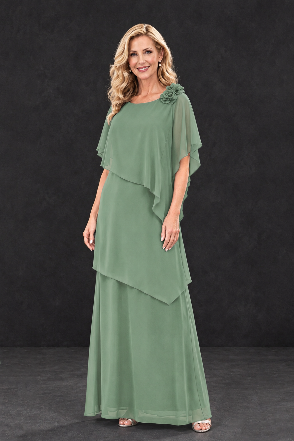 BOLODOO Sage Green Tiered Flutter Sleeve Mother of the Bride Maxi Dress - Sage Green - Sage Green_1