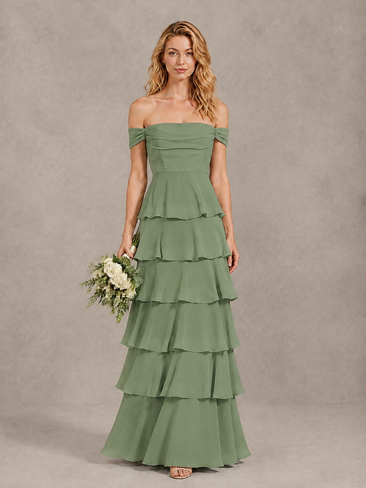 BOLODOO Sage Green Off-Shoulder Tiered Ruffle Bridesmaid Dress with Lace-Up Back - Sage Green - Sage Green_1