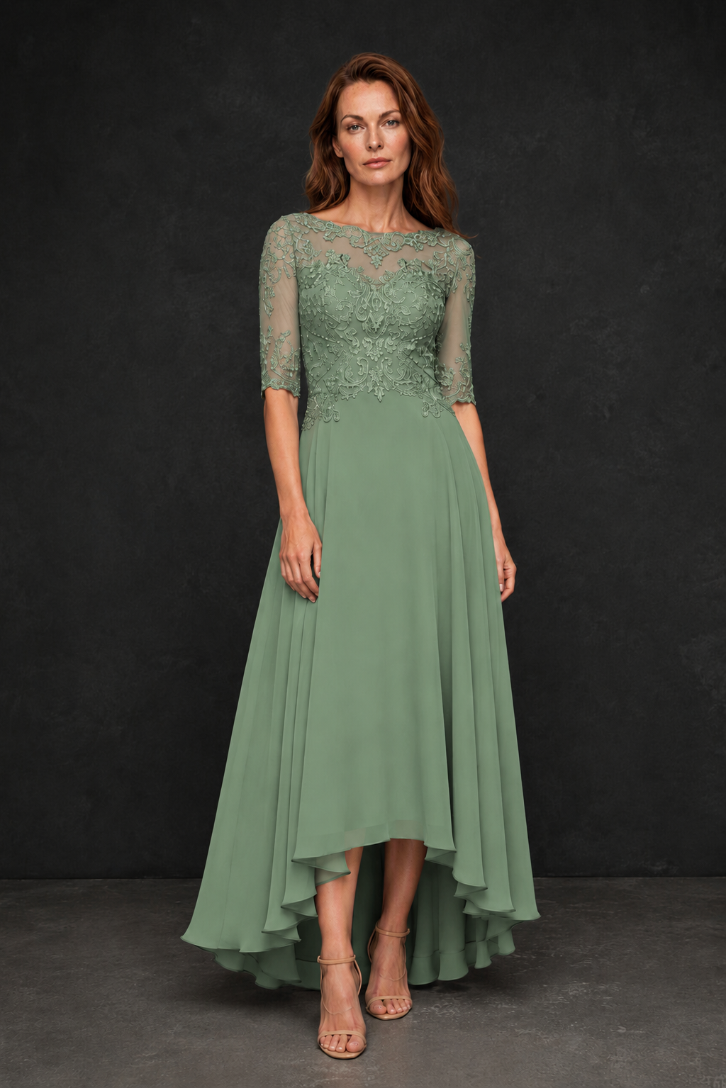 BOLODOO Sage Green Illusion Lace 3/4 Sleeve Hi-Lo Chiffon A-Line Dress | Mother of the Bride Tea Length Dress - Sage Green