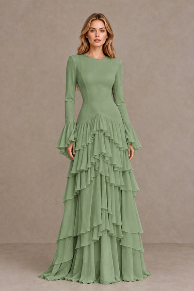 Sage Green Long Sleeve Tiered Ruffle Evening Gown - Sage Green - Sage Green_1