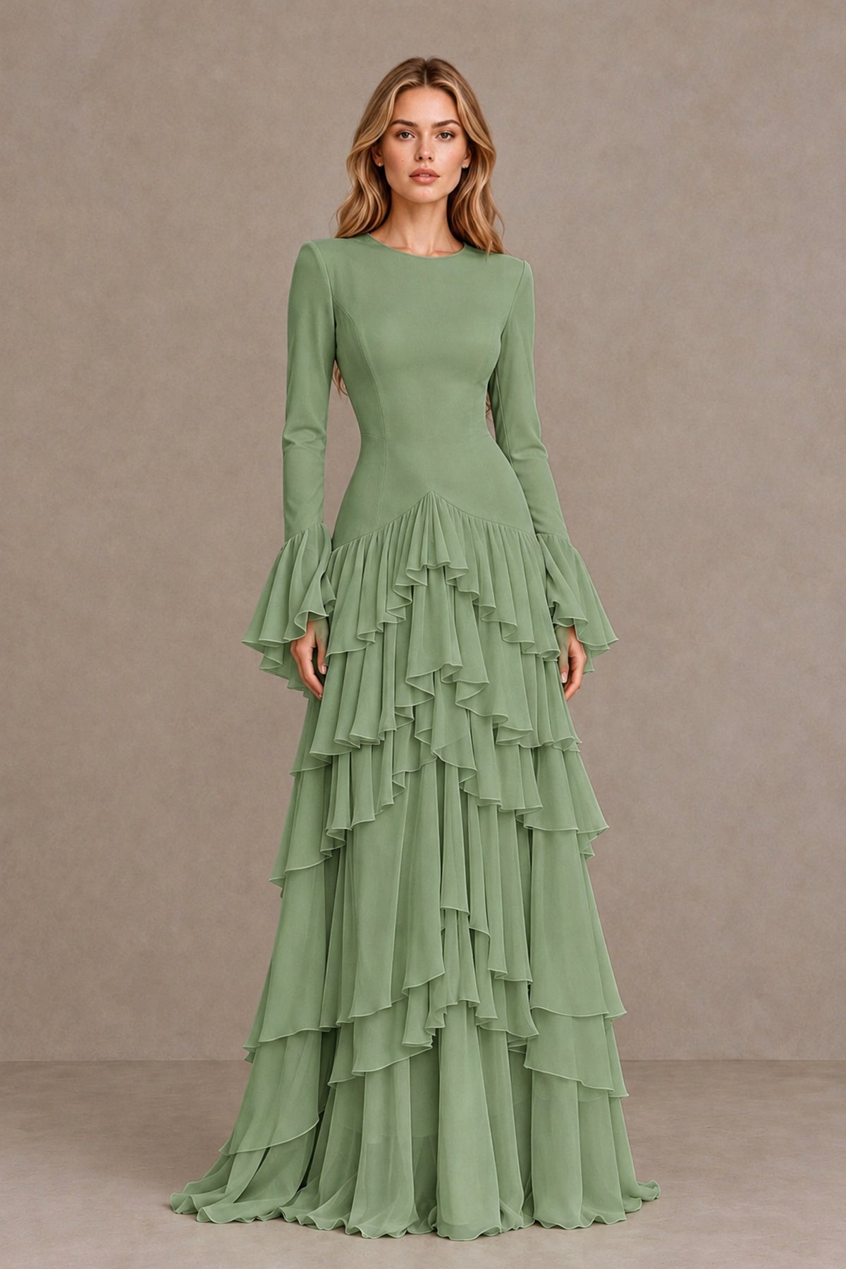 Sage Green Long Sleeve Tiered Ruffle Evening Gown - Sage Green - Sage Green_1