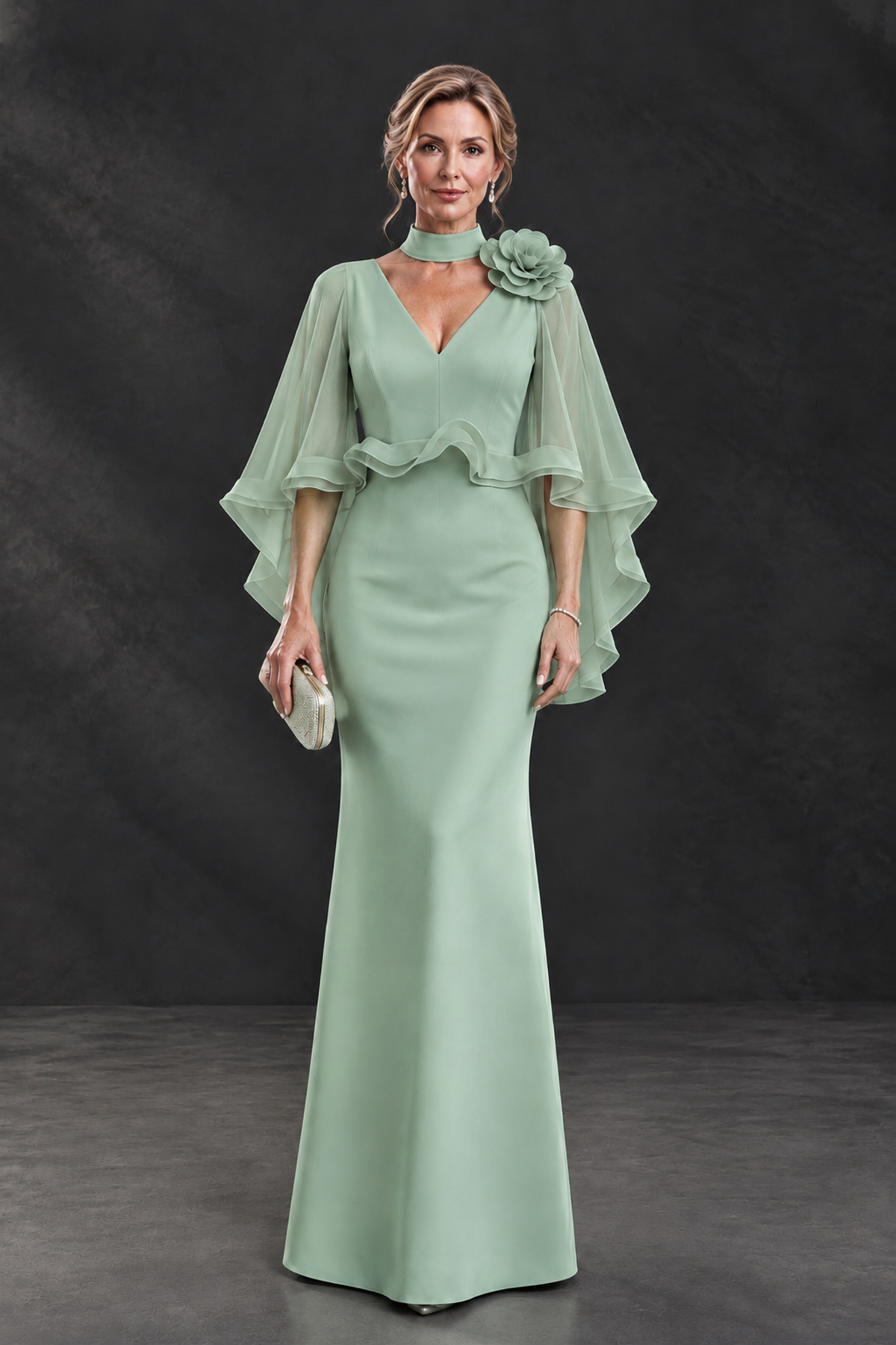BOLODOO Sage Green Floral Cape Sleeve Mother of the Bride Dress - Sage Green - Sage_Green_1