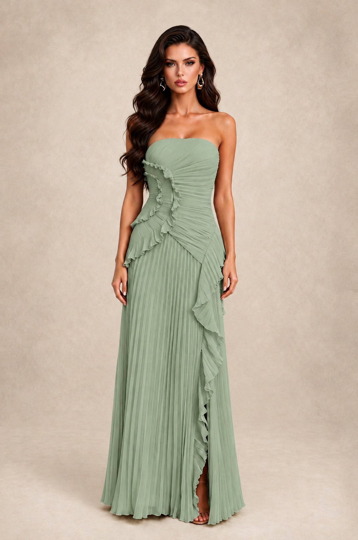 BOLODOO Sage Green Strapless Ruffle Pleated Slit Evening Gown - Sage Green - Sage Green_1