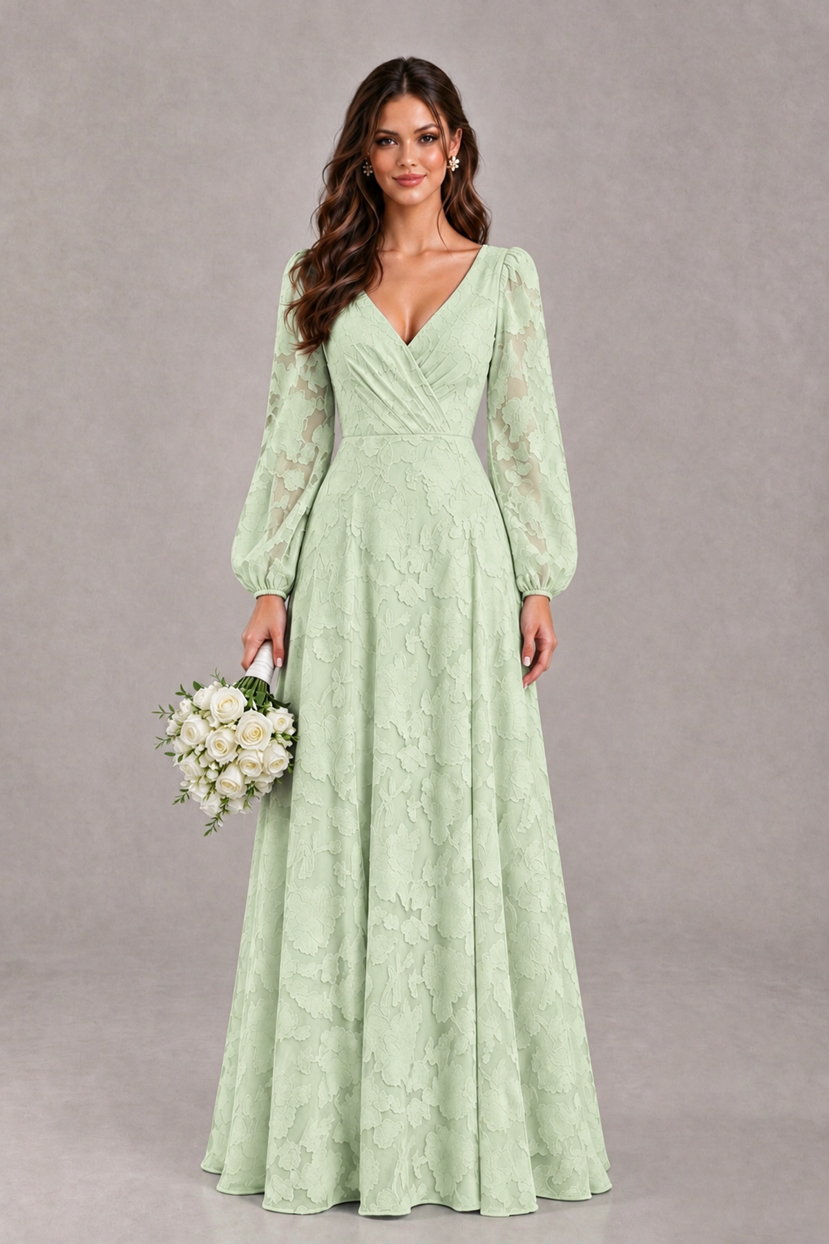 BOLODOO Sage Green Long Sleeve V-Neck A-Line Mother of the Bride Dress - Sage Green - Sage Green_1