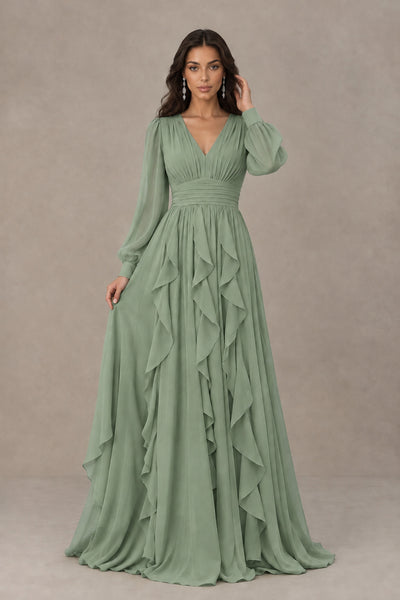 BOLODOO Sage Green Long Sleeve V-Neck Ruffle Maxi Dress - Sage Green
