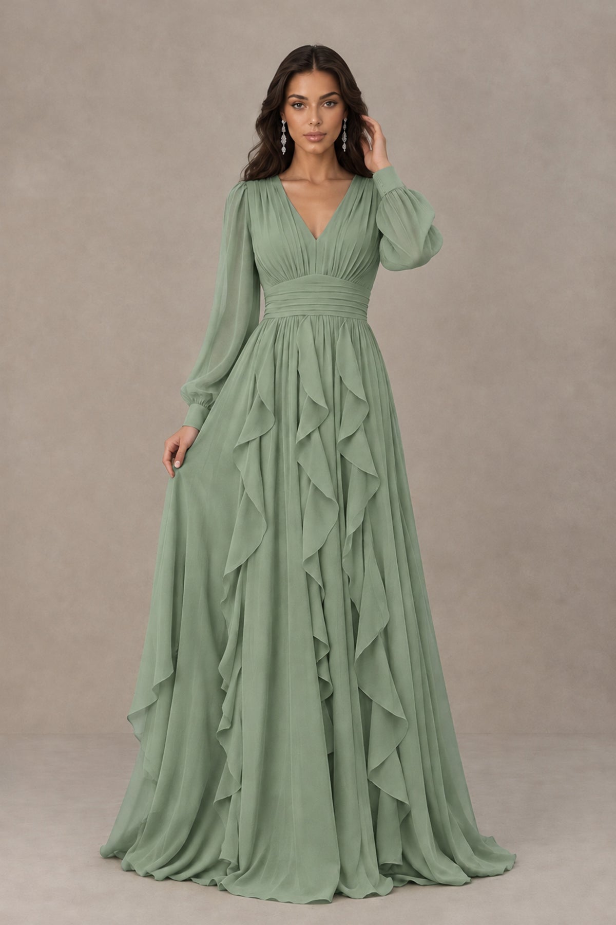 BOLODOO Sage Green Long Sleeve V-Neck Ruffle Maxi Dress - Sage Green