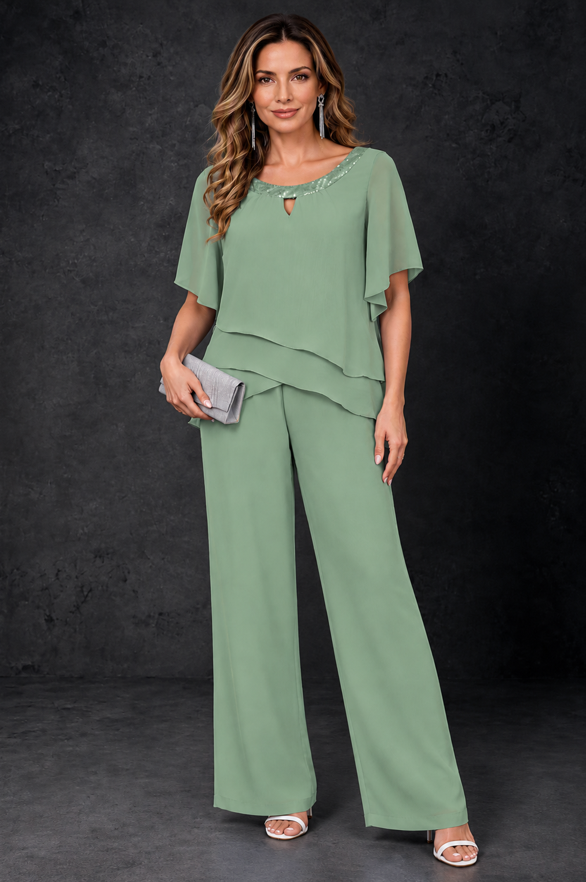 BOLODOO Sage Green Layered Chiffon-Look Mother of the Bride Pantsuit - Sage Green - Sage_Green_1