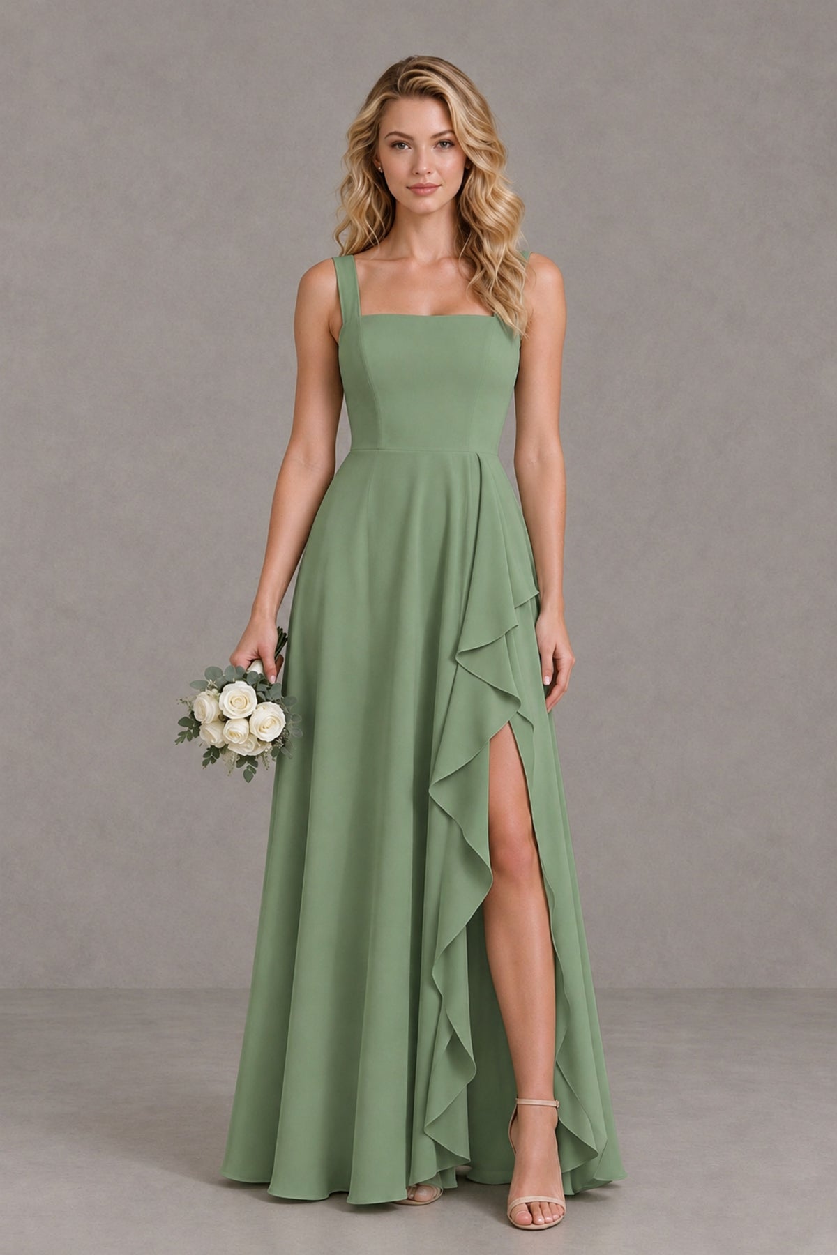 BOLODOO Sage Green Square Neck Ruffle A-Line Bridesmaid Dress with Slit - Sage Green - Sage Green_1