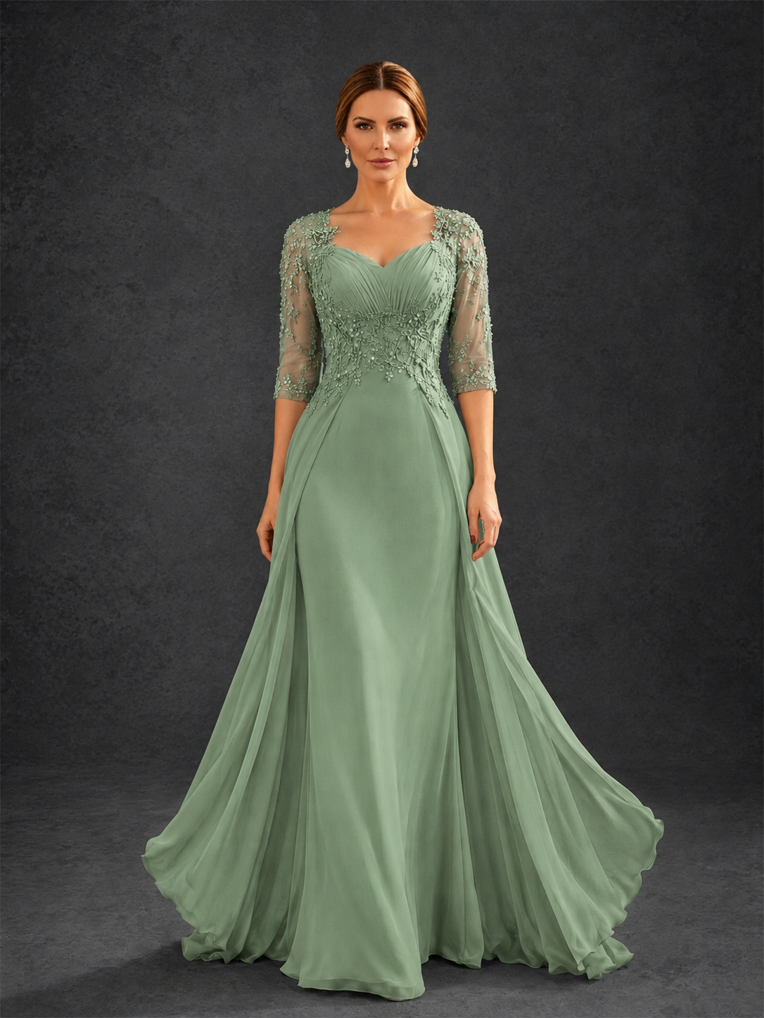 BOLODOO Sage Green Sweetheart Neck 3/4 Sleeve Floral Lace Illusion Bodice Chiffon A-Line Gown - Sage Green