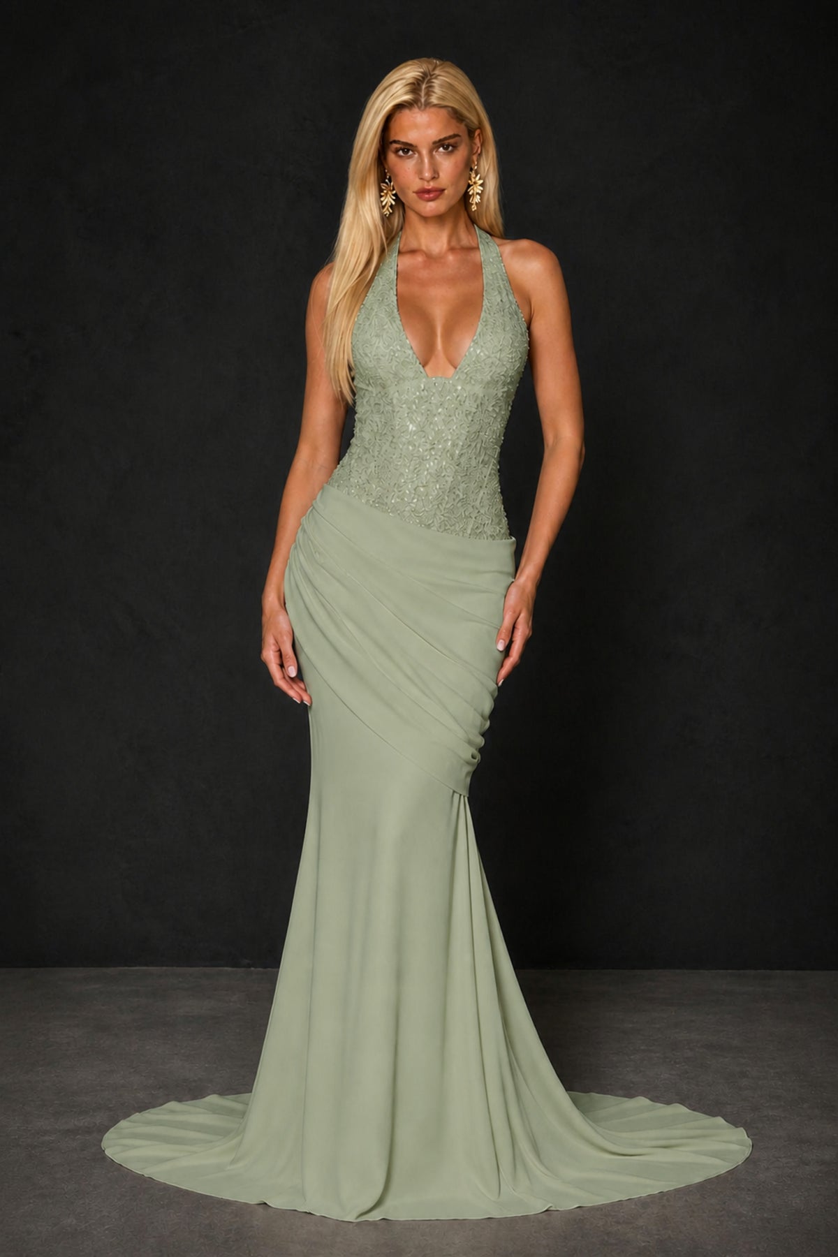 BOLODOO Sage Green Halter Mermaid Gown – Deep V Open Back Sequin Formal Evening Dress with Train - Sage Green