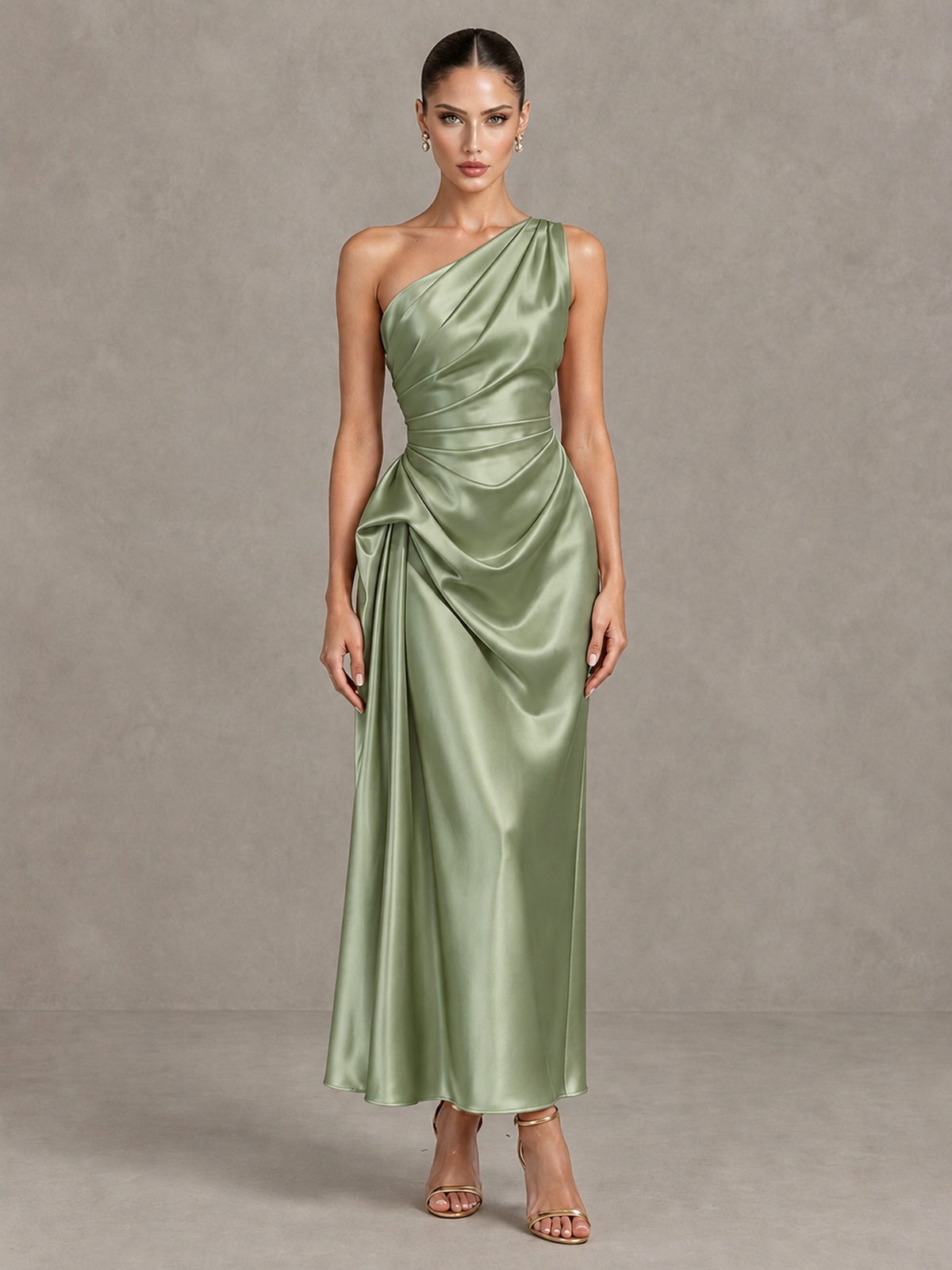 BOLODOO Sage Green One Shoulder Satin Cocktail Dress with Draped A-Line Skirt - Sage Green - Sage Green_1