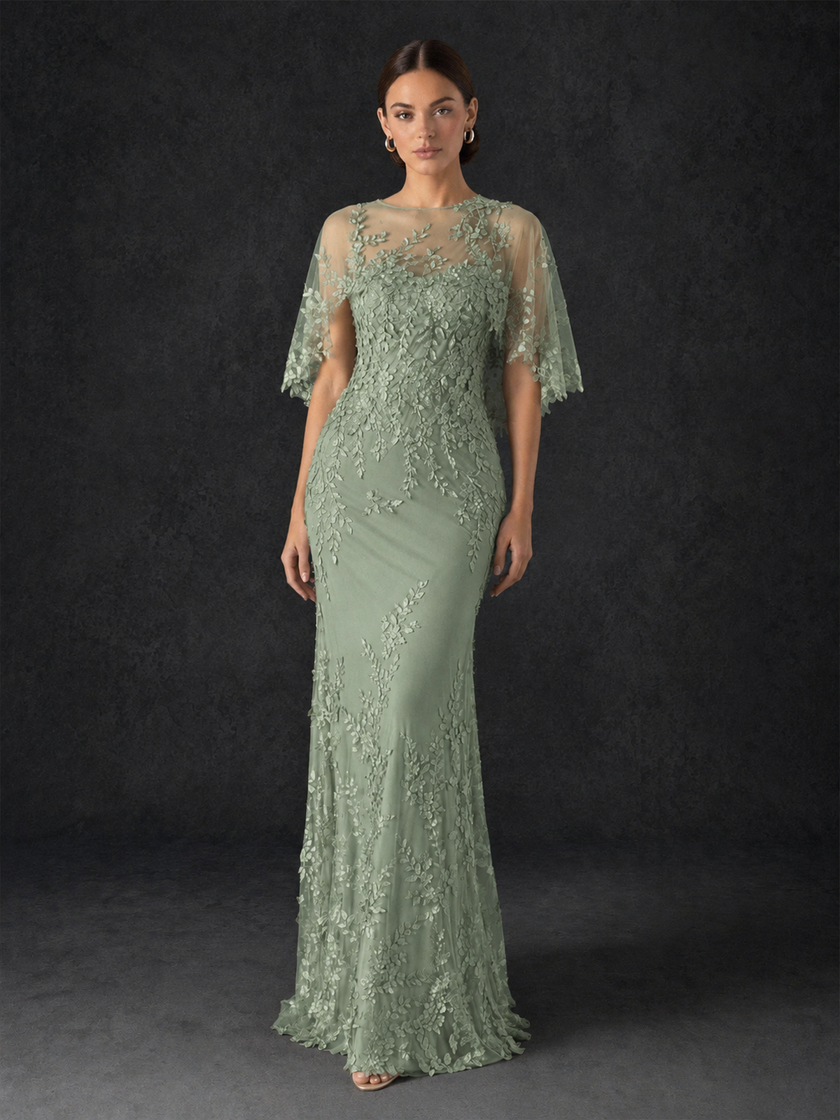 BOLODOO Mocha Sage Green Botanical Lace Flutter Sleeve Mermaid Gown - Sage Green