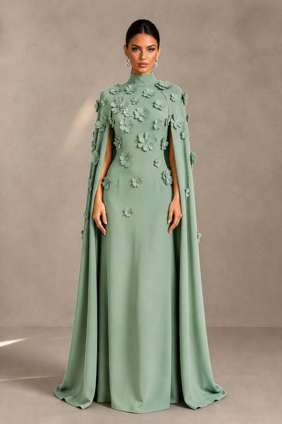BOLODOO Sage Green 3D Floral Applique Cape Formal Dress - Sage Green - Sage Green_1