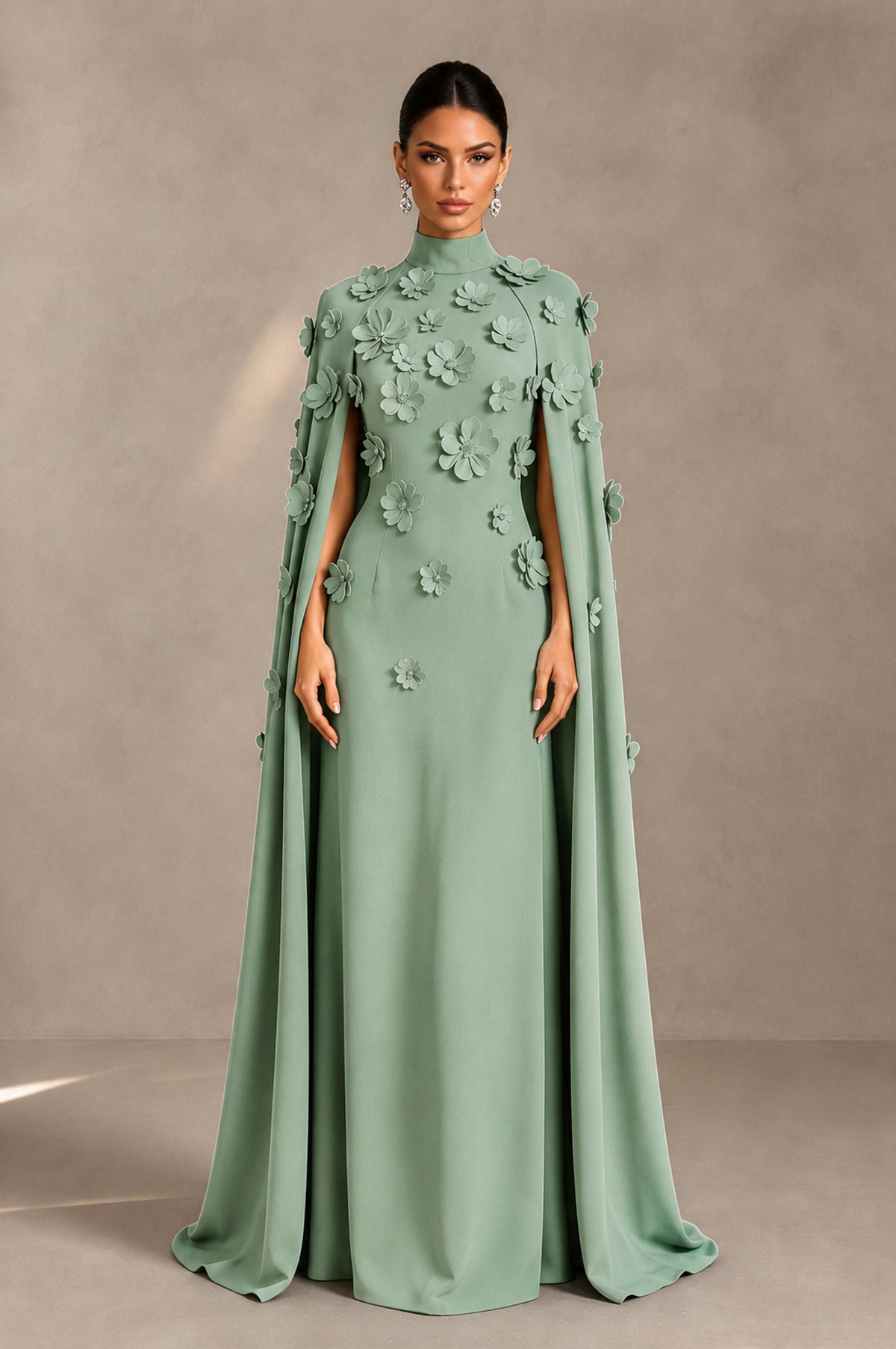 BOLODOO Sage Green 3D Floral Applique Cape Formal Dress - Sage Green - Sage Green_1