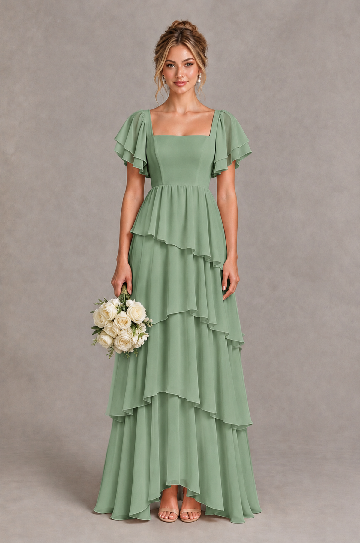 BOLODOO Sage Green Square Neck Flutter Sleeve Tiered Chiffon Bridesmaid Dress with Lace-Up Back - Sage Green - Sage Green_1