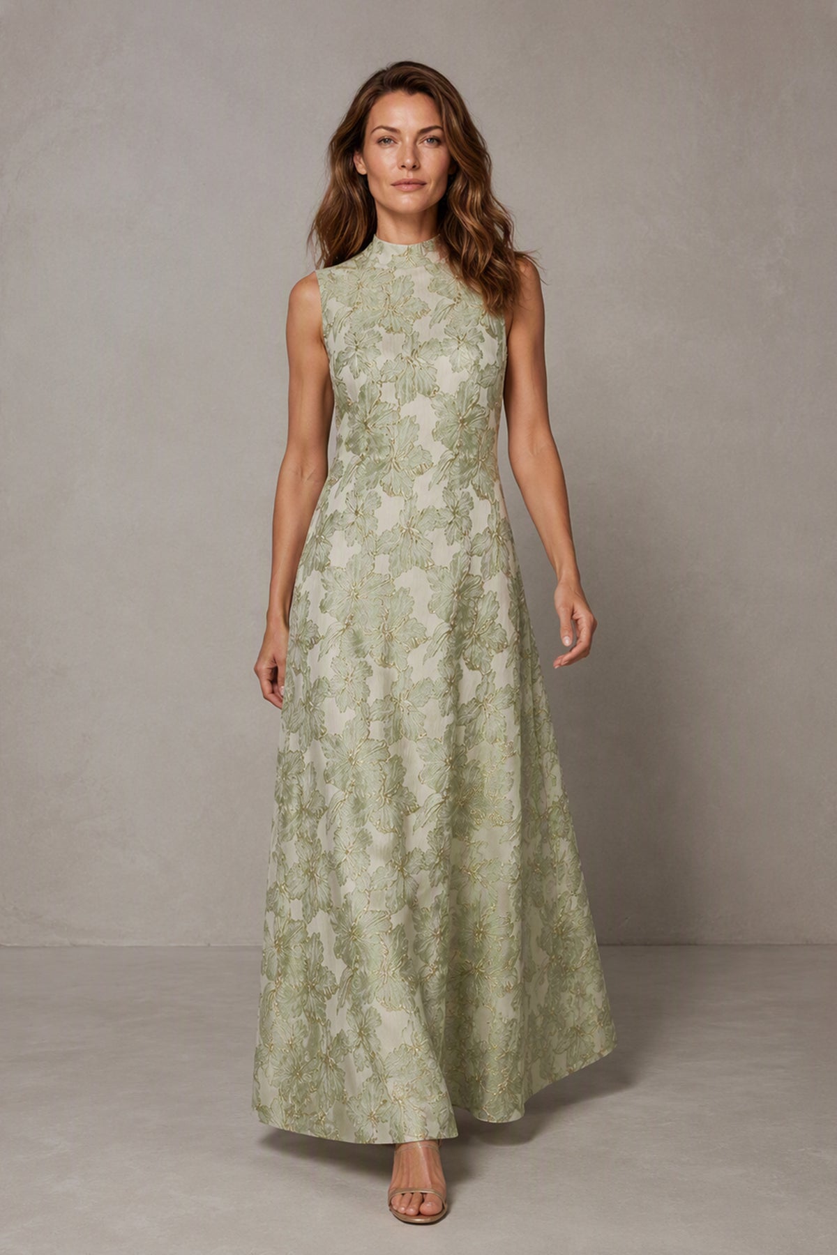 BOLODOO Sage Green Jacquard High Neck Sleeveless A-Line Maxi Dress – Wedding Guest & Formal Evening Gown - Sage Green